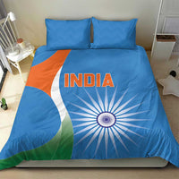 Blue duvet cover with INDIA lettering and tricolor wheel design, matching pillow pair
