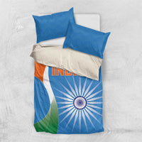 Blue and multicolor India duvet cover with two blue pillowcases and one off-white pillowcase