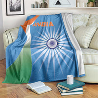 Blue India cricket blanket with tricolor stripe, orange INDIA text, and white chakra motif