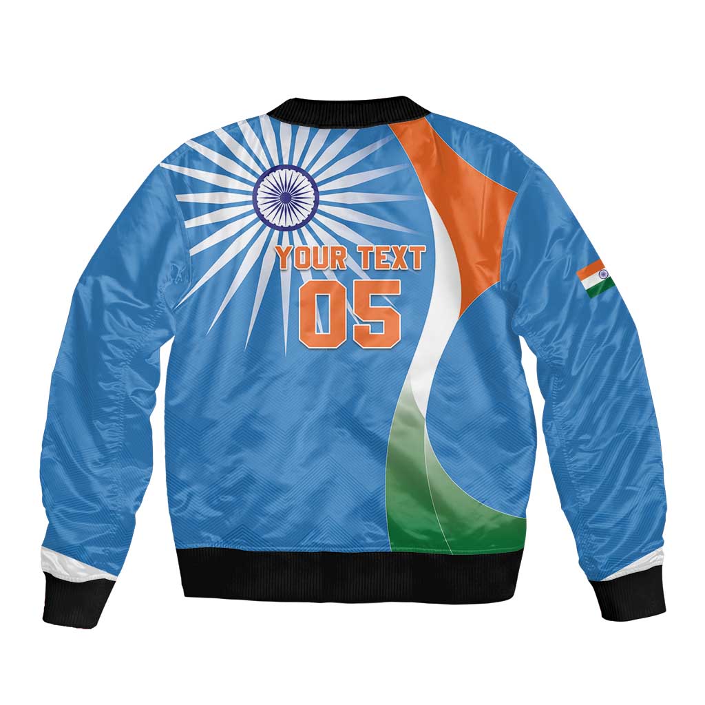 Blue bomber jacket with zip front and ribbed hem, India emblem with 'YOUR TEXT 05' print