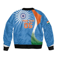 Blue bomber jacket with zip front and ribbed hem, India emblem with 'YOUR TEXT 05' print