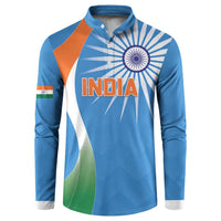 Blue cricket button sweatshirt with INDIA graphic and tricolor diagonal panels