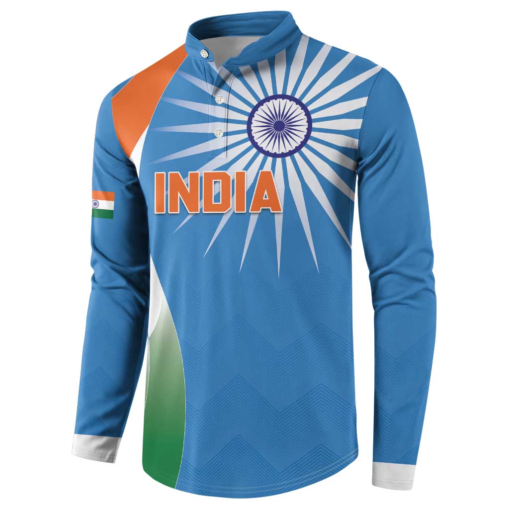 Blue cricket button sweatshirt with INDIA crest and tricolor side panels