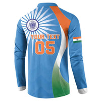 Back view blue cricket button sweatshirt with YOUR TEXT 05 and tricolor sleeve
