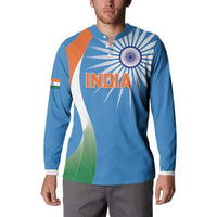 Blue cricket button sweatshirt with INDIA graphic on front and tricolor panels