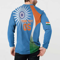 Back view blue cricket button sweatshirt with YOUR TEXT 05 and India emblem