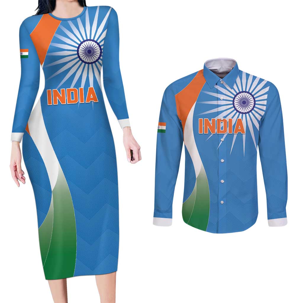 Custom India Cricket Couples Matching Long Sleeve Bodycon Dress and Long Sleeve Button Shirt Sporty Style LT05 - Wonder Print Shop