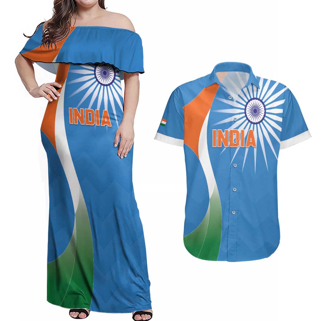 Custom India Cricket Couples Matching Off Shoulder Maxi Dress and Hawaiian Shirt Sporty Style LT05 - Wonder Print Shop