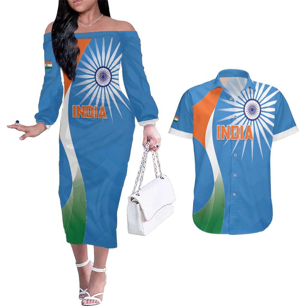 Custom India Cricket Couples Matching Off The Shoulder Long Sleeve Dress and Hawaiian Shirt Sporty Style LT05 - Wonder Print Shop