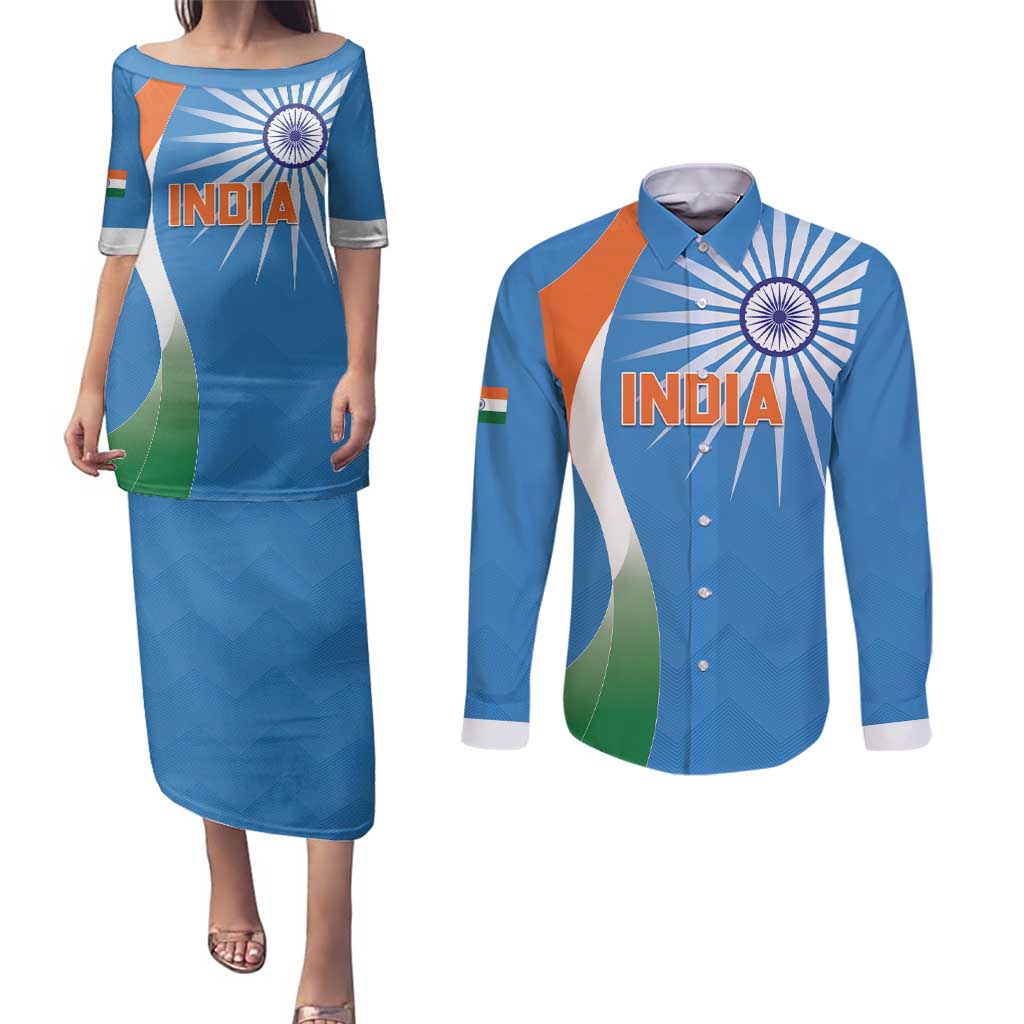 Custom India Cricket Couples Matching Puletasi and Long Sleeve Button Shirt Sporty Style LT05 - Wonder Print Shop