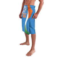 Blue wrap shorts with India flag front print, orange block and number 05