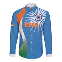 Blue long-sleeve button shirt with India crest and tricolor graphic, unisex fit