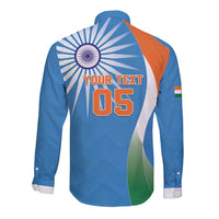 Blue cricket button shirt back with YOUR TEXT 05 and India crest, tricolor accents