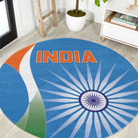 Round blue India cricket rug with 'INDIA' text and Ashoka-style wheel graphic