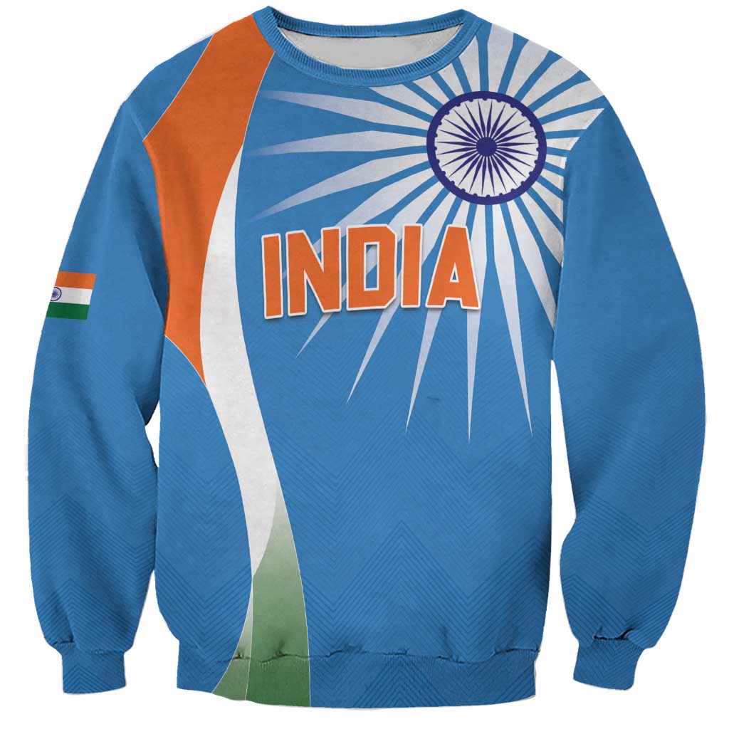 Blue crewneck sweatshirt with India emblem and orange-white-green diagonal graphic panels