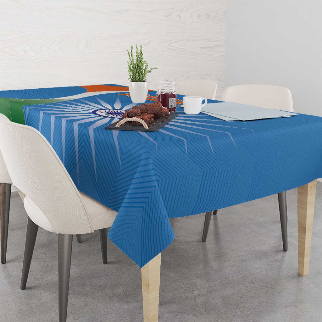 Blue India-themed tablecloth with geometric rays pattern and tricolor stripe details