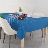 Blue India-themed tablecloth with geometric rays pattern and tricolor stripe details