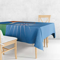 Blue India-themed tablecloth with tricolor corner motif and starburst design