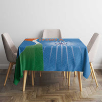 Blue India-themed tablecloth with India text, tricolor panels, and geometric rays