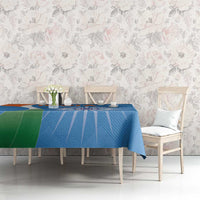 Blue India-themed tablecloth with geometric lines, tricolor block, and central emblem