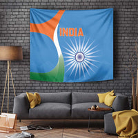 India cricket tapestry in blue with orange and green curves and the word INDIA.