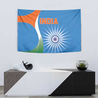 India cricket tapestry showing blue field, orange INDIA text, and a white chakra-like wheel.