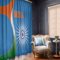 Blue India-themed window curtains with “India” text and sunburst motif, shown side-by-side