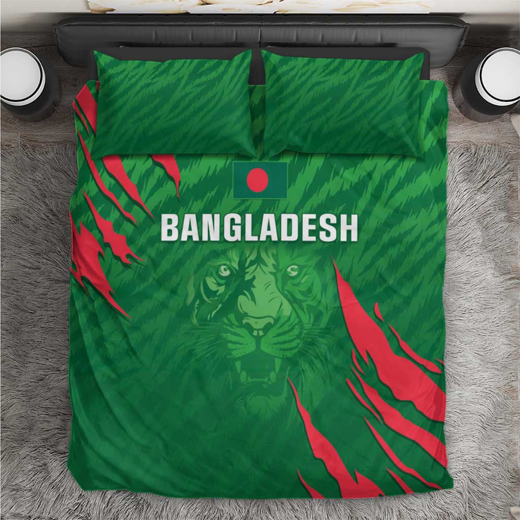 Green Bangladesh-themed bedding set with tiger graphic, red accents, duvet and pillowcases