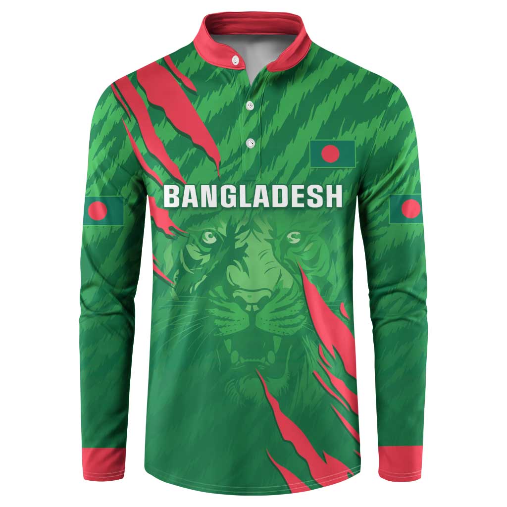 Green button-up cricket sweatshirt with red collar, Bangladesh graphic front