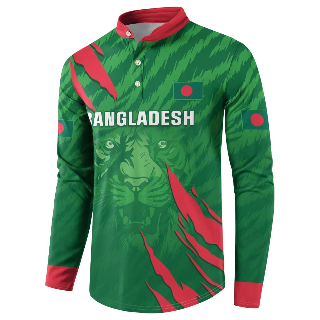 Green button-up cricket sweatshirt with Bangladesh chest print and red accents