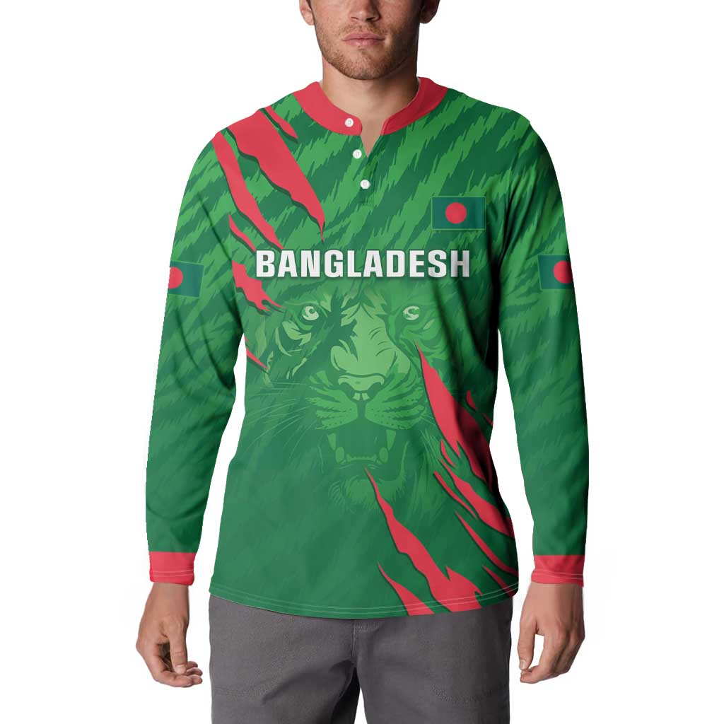 Green button-up cricket sweatshirt with Bangladesh front graphic and red-trim sleeves