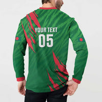 Green button-up cricket sweatshirt back showing 'YOUR TEXT' and '05' text