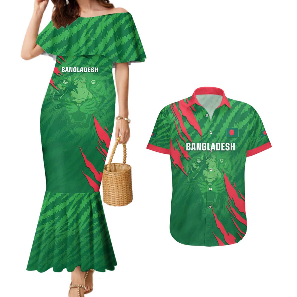 Custom Bangladesh Cricket Couples Matching Mermaid Dress and Hawaiian Shirt Go Champions The Tigers LT05 - Wonder Print Shop