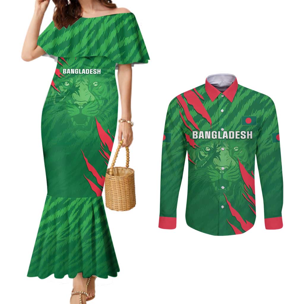 Custom Bangladesh Cricket Couples Matching Mermaid Dress and Long Sleeve Button Shirt Go Champions The Tigers