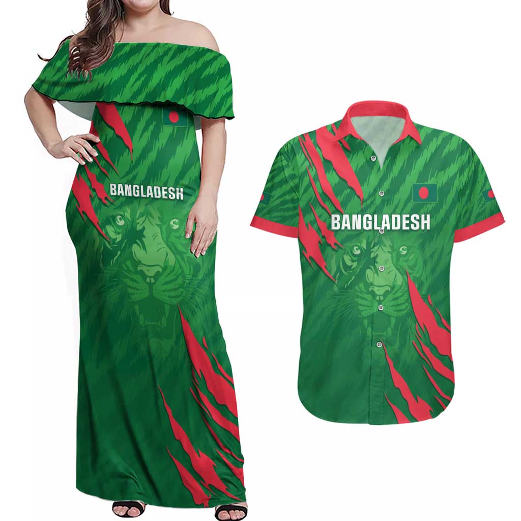 Custom Bangladesh Cricket Couples Matching Off Shoulder Maxi Dress and Hawaiian Shirt Go Champions The Tigers LT05 - Wonder Print Shop