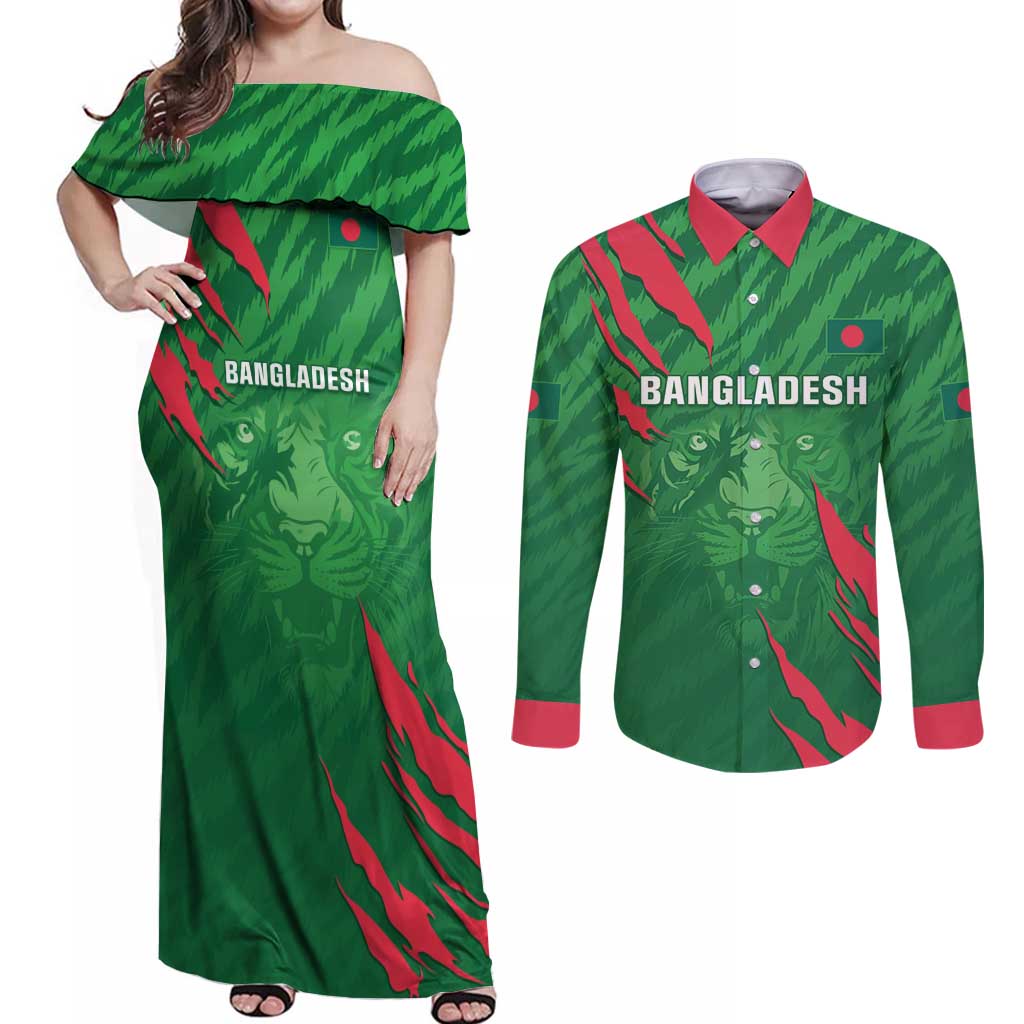 Custom Bangladesh Cricket Couples Matching Off Shoulder Maxi Dress and Long Sleeve Button Shirt Go Champions The Tigers LT05 - Wonder Print Shop