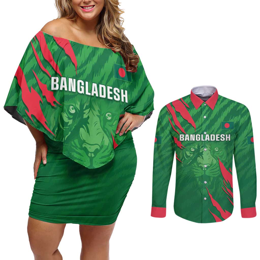 Custom Bangladesh Cricket Couples Matching Off Shoulder Short Dress and Long Sleeve Button Shirt Go Champions The Tigers LT05 - Wonder Print Shop