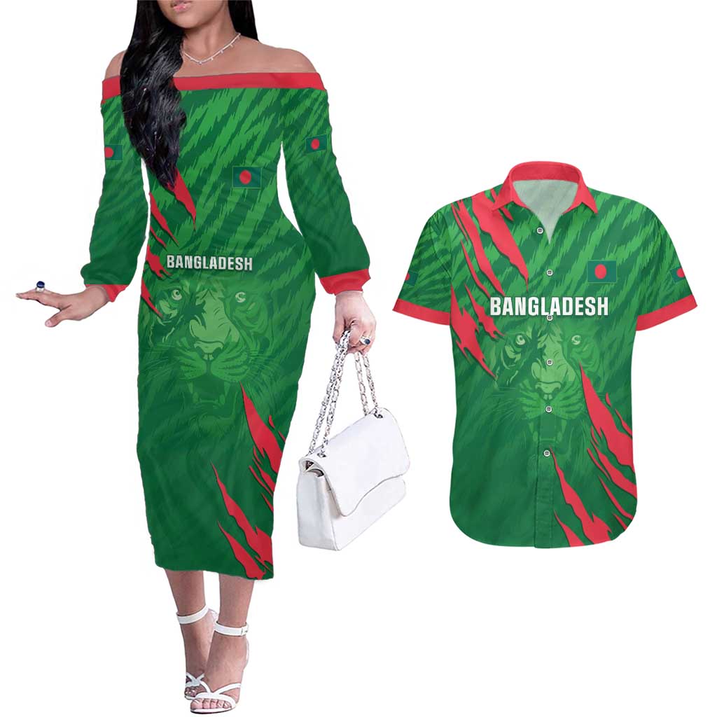 Custom Bangladesh Cricket Couples Matching Off The Shoulder Long Sleeve Dress and Hawaiian Shirt Go Champions The Tigers LT05 - Wonder Print Shop