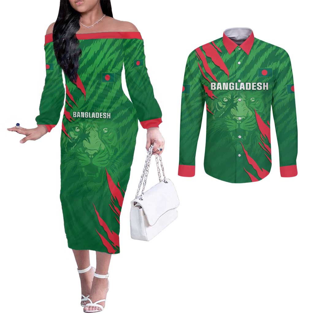 Custom Bangladesh Cricket Couples Matching Off The Shoulder Long Sleeve Dress and Long Sleeve Button Shirt Go Champions The Tigers