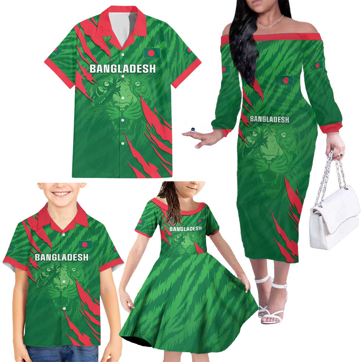 Custom Bangladesh Cricket Family Matching Off The Shoulder Long Sleeve Dress and Hawaiian Shirt Go Champions The Tigers LT05 - Wonder Print Shop