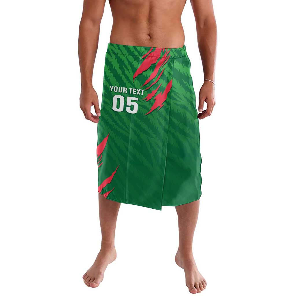 Green lavalava skirt with red graphic and '05' front print