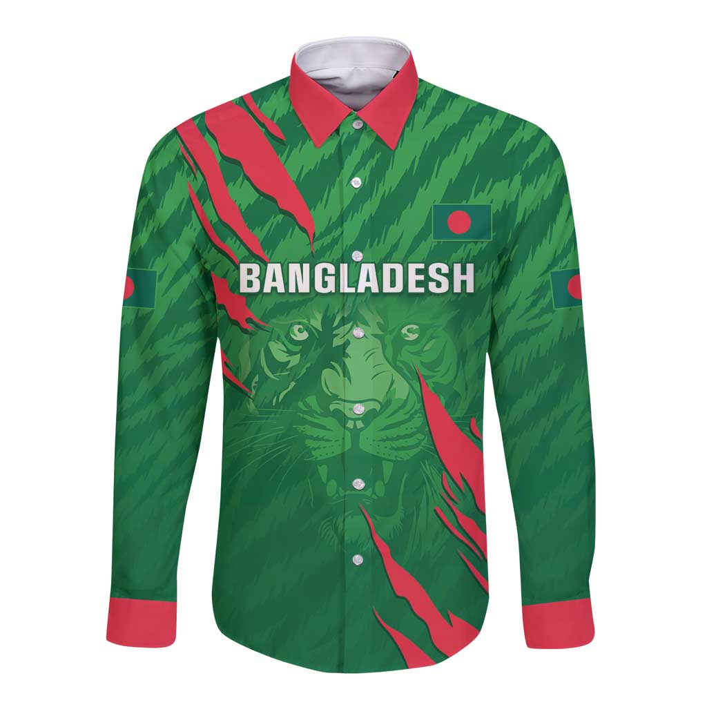 Green long-sleeve button cricket shirt with red collar, front Bangladesh graphic