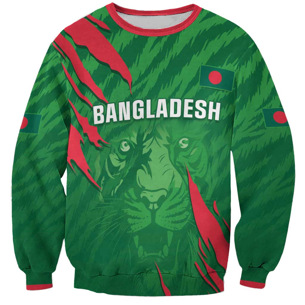 Green unisex cricket sweatshirt with Bangladesh print, red trim and tiger graphic