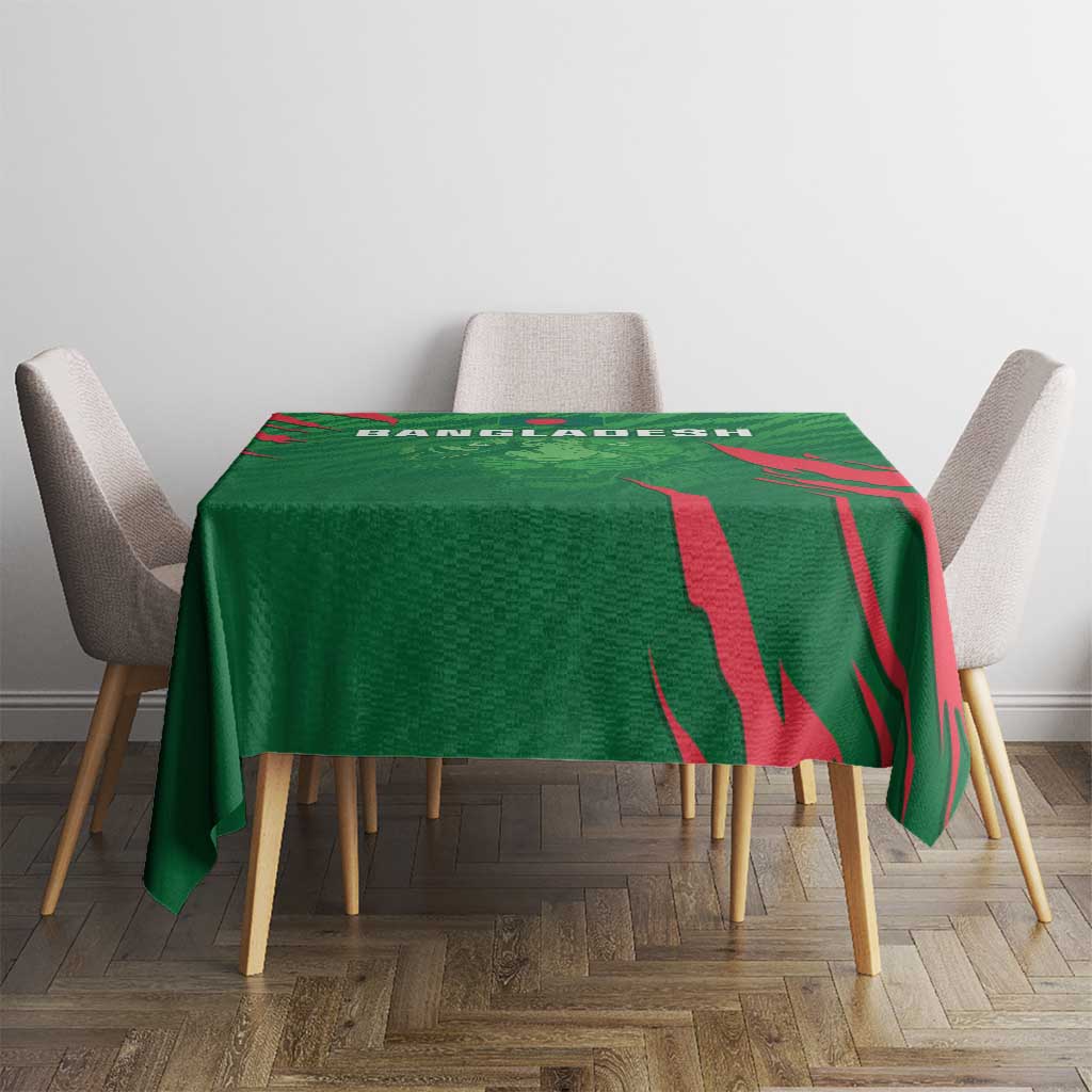 Green cricket tablecloth with red graphic and partial Bangladesh text