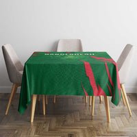 Green cricket tablecloth with red graphic and partial Bangladesh text