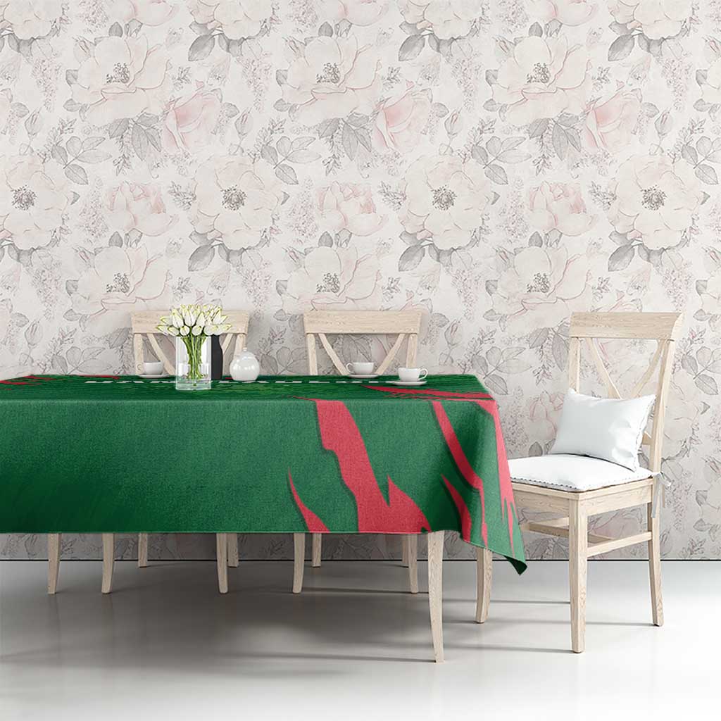 Green cricket tablecloth with red tiger face and Bangladesh text