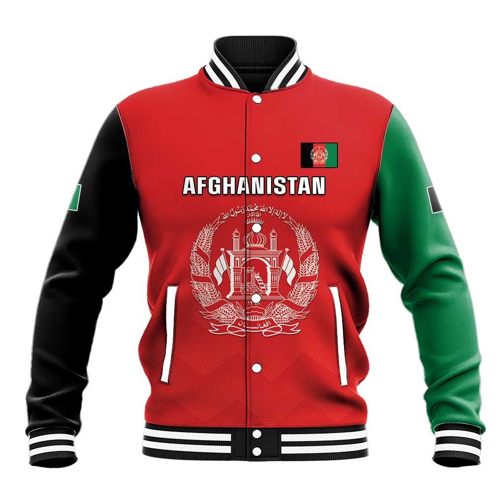 Red and green baseball jacket with black sleeves, snap buttons, Afghanistan crest front