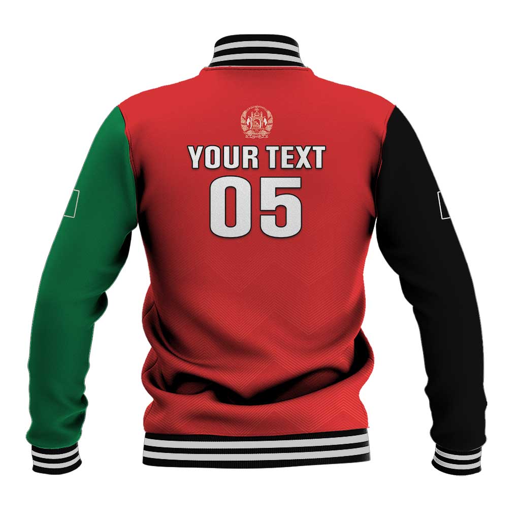 Red and green baseball jacket back with striped collar, number 05 and YOUR TEXT