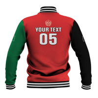 Red and green baseball jacket back with striped collar, number 05 and YOUR TEXT