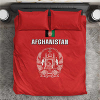 Afghanistan cricket bedding set in red with Afghanistan text and central emblem on comforter